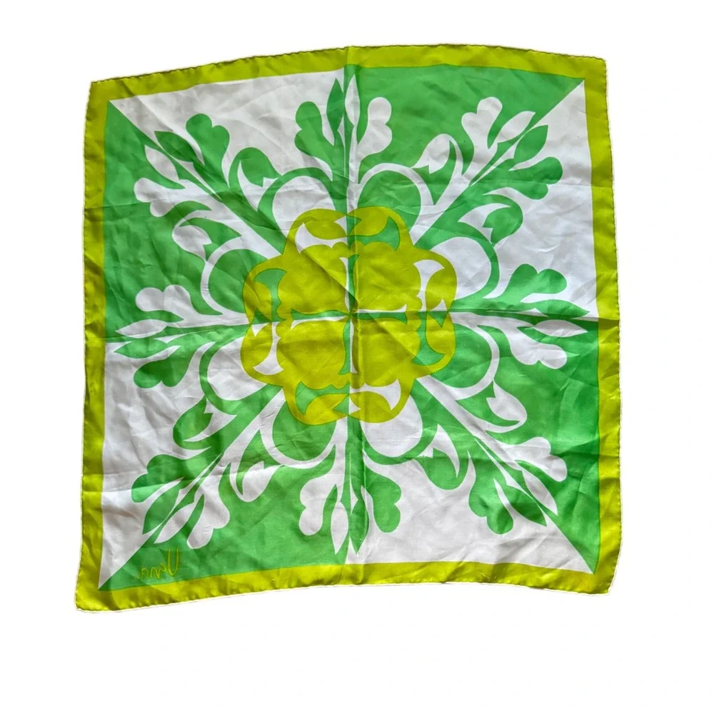 Vintage Vera Neumann Scarf Green Yellow Floral Print‎ Square 23